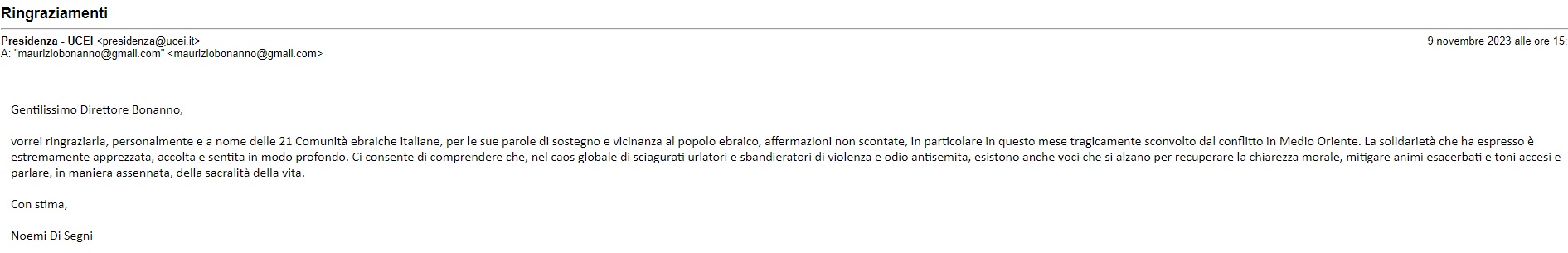 Il "grazie" della Unione delle Comunità Ebraiche Italiane per il nostro editoriale 4 ringraziamenti