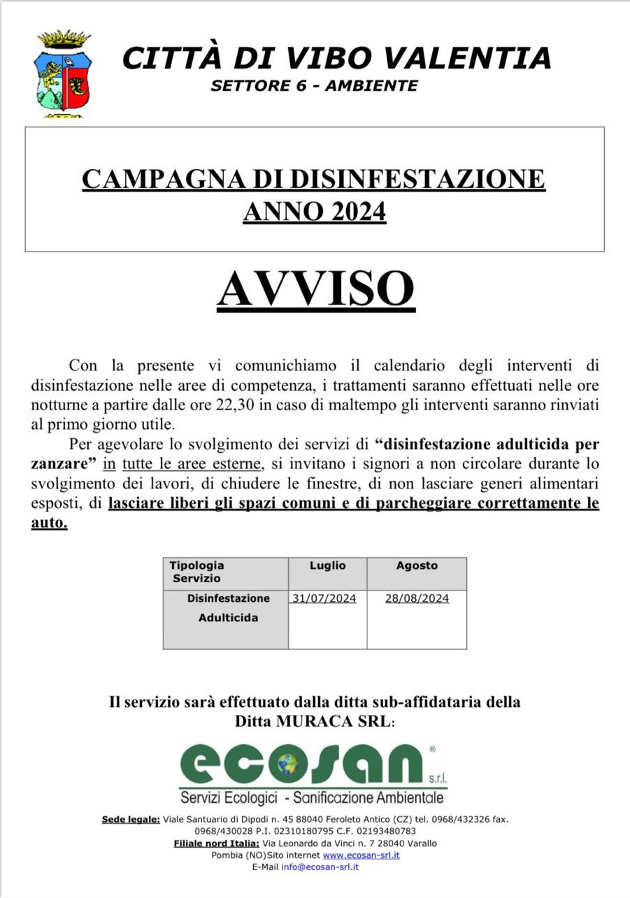 Vibo Valentia, da mezzanotte la disinfestazione del territorio comunale. Le raccomandazioni del Comune: chiudere le finestre 3 whatsapp image 2024 07 31 at 12.40.43 1