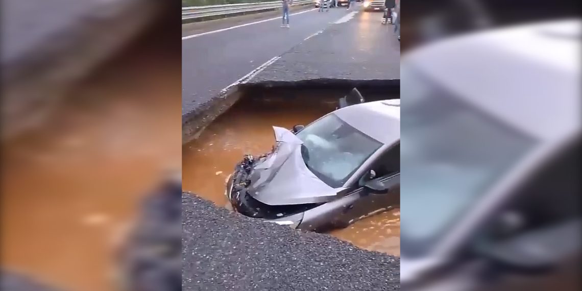 Interrotta la Strada dei Due Mari, si è aperta una voragine che ha inghiottito un’auto (VIDEO)