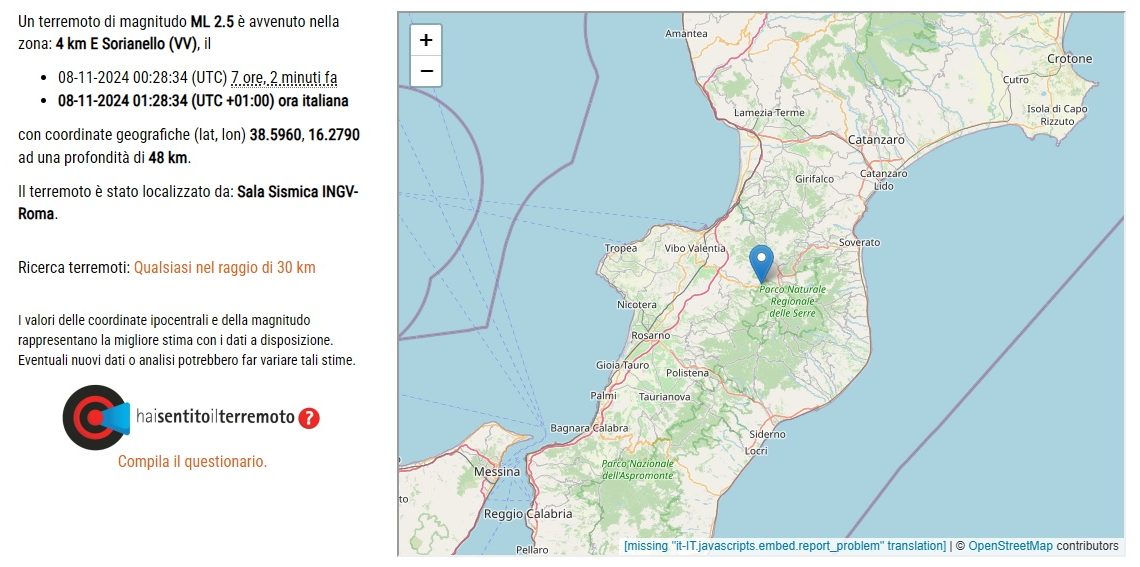Lieve scossa di terremoto nel Vibonese