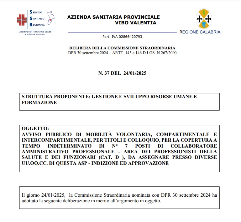 Asp Vibo Valentia, non mancano infermieri né operatori sanitari, è invece necessario assumere amministrativi! 3 delibera asp cat d