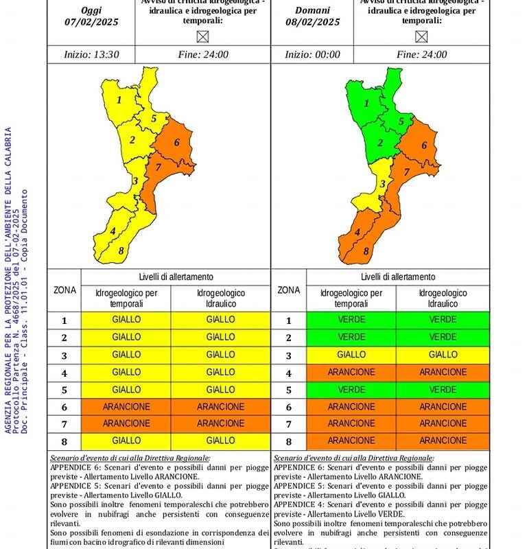 Torna il maltempo nel week end. Scatta l'Allerta della Protezione Civile e i Sindaci chiudono le scuole 3 allerta meteo calabria 7 febbraio