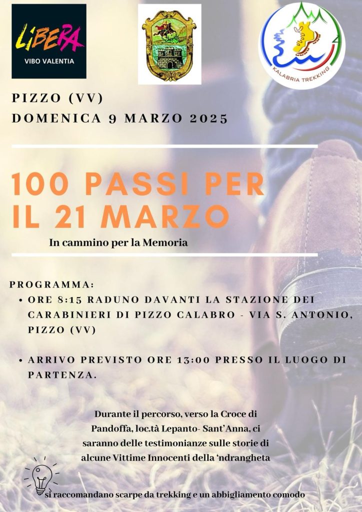 “100 passi verso il 21 Marzo, in cammino per la Memoria”. A Pizzo una domenica speciale 2 Locandina 100 passi verso il 21 marzo In cammino per la Memoria 090325