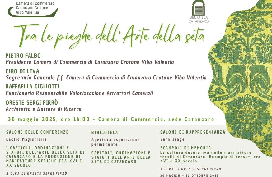 “Tra le pieghe dell’arte della seta”, l’evento domani nella Biblioteca della Camera di Commercio di Catanzaro