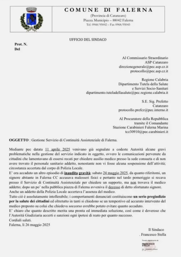 Falerna, cerca aiuto alla guardia medica, non trova il dottore e poco dopo muore 3 cenuncia sindaco di falerna