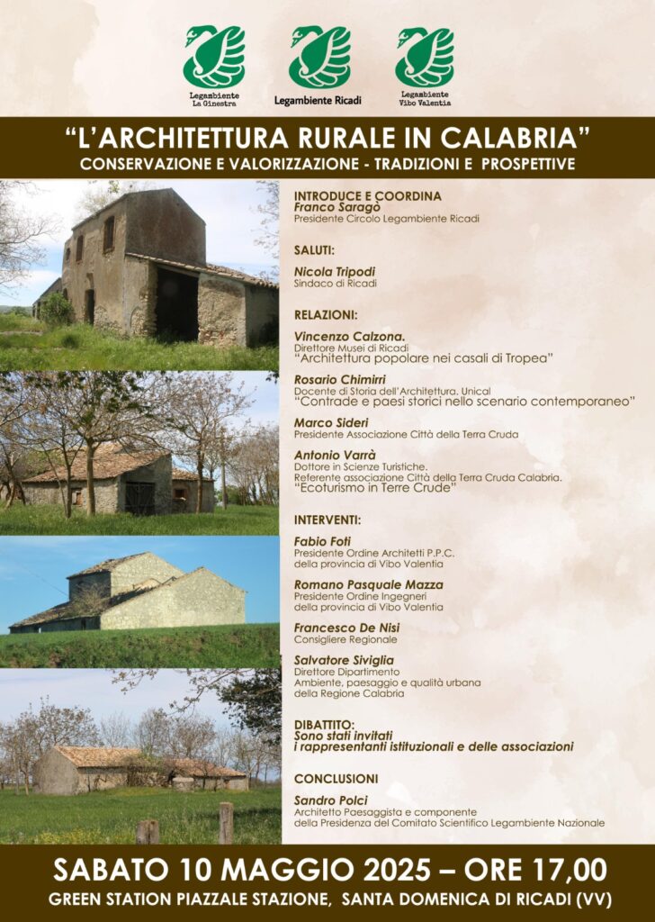 L’architettura rurale in Calabria. Incontro organizzato dal Circolo Legambiente Ricadi presso la Greenstation S. Domenica 3 locandina convegno terra cruda ricad
