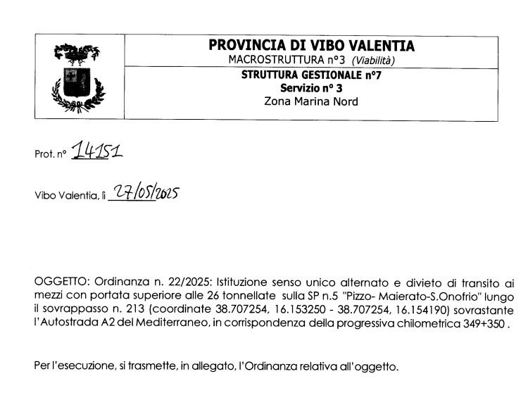 La "Maierato-Pizzo" a senso unico alternato. Lo ha deciso la Provincia 2 ordinanza 22 provincia