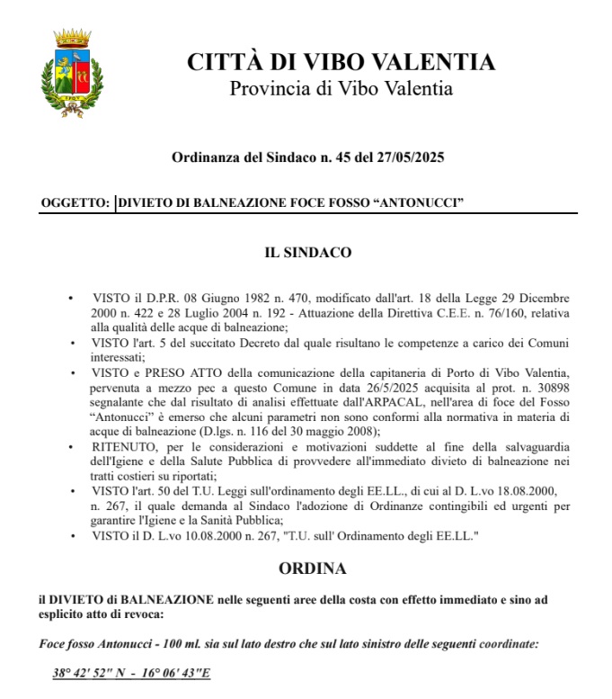 L'estate è imminente e... scatta il divieto di balneazione alla foce del fosso Antonucci, tra Bivona e Vibo Marina 4 ordinanza divieto balneazione