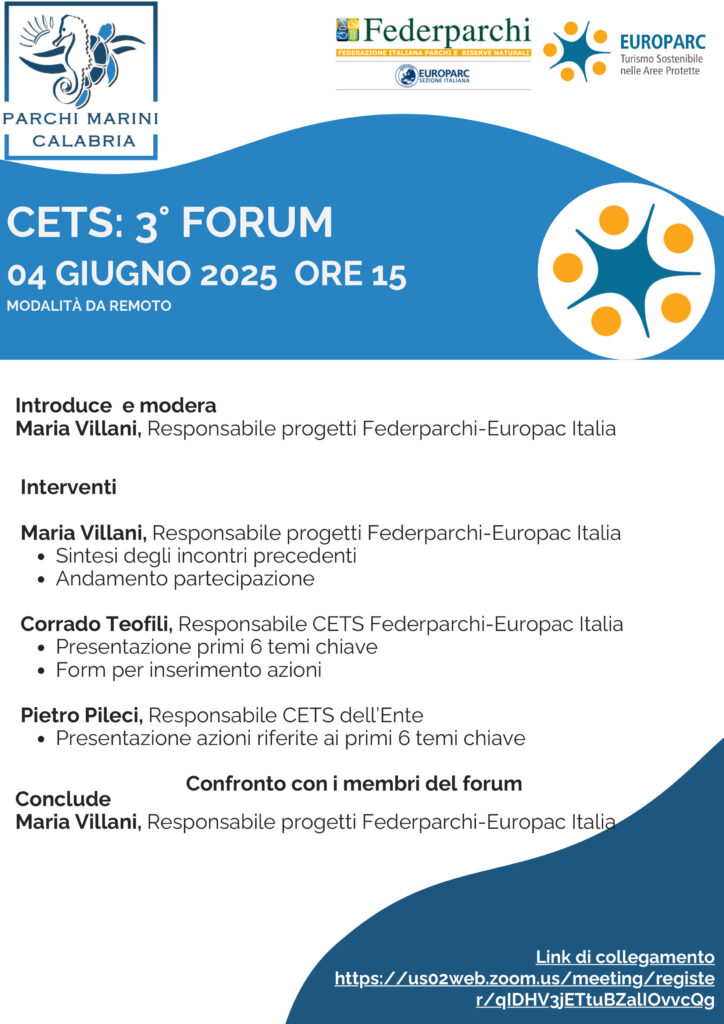 Parchi Marini Regionali della Calabria, oggi 3° Forum (da remoto) verso la Carta Europea del Turismo Sostenibile 4 3 Forum CETS EPMR 4 Giugno 2025