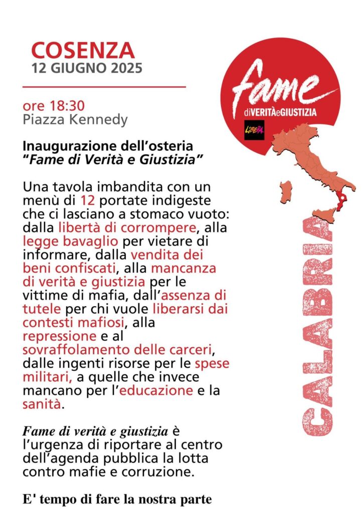 Arriva in Calabria “Fame di verità e giustizia”, il viaggio a 30 anni dalla nascita di Libera 2 Fame di vertia e giustizia Cosenza 120625