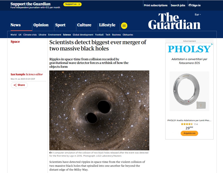Ha anche "sapore vibonese" una delle più importanti scoperte scientifiche: la più grande fusione di buchi neri 3 the guardian
