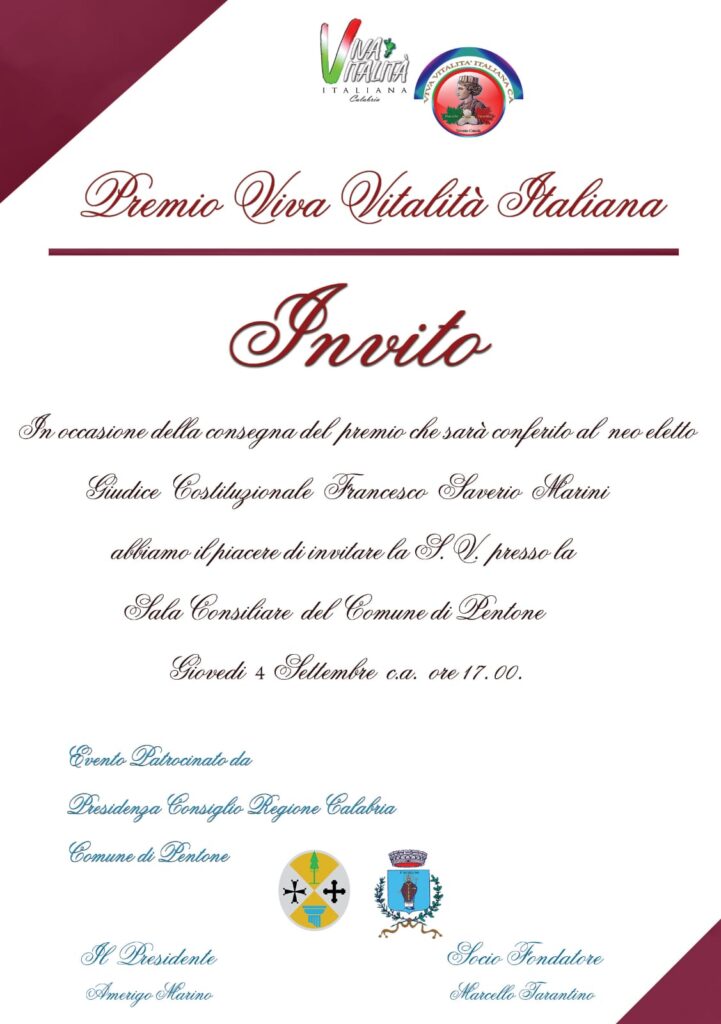 Al Giudice della Corte Costituzionale Francesco Saverio Marini il Premio dell'associazione "Viva Vitalità Italiana Calabria" 5 Immagine WhatsApp 2025 08 25 ore 02.05.35 9cfe1ee7