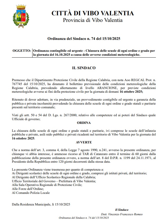 Scatta l'allerta meteo e il Sindaco di Vibo Valentia emette l'ordinanza di chiusura di tutte le scuole 2 chiusura scuole 16