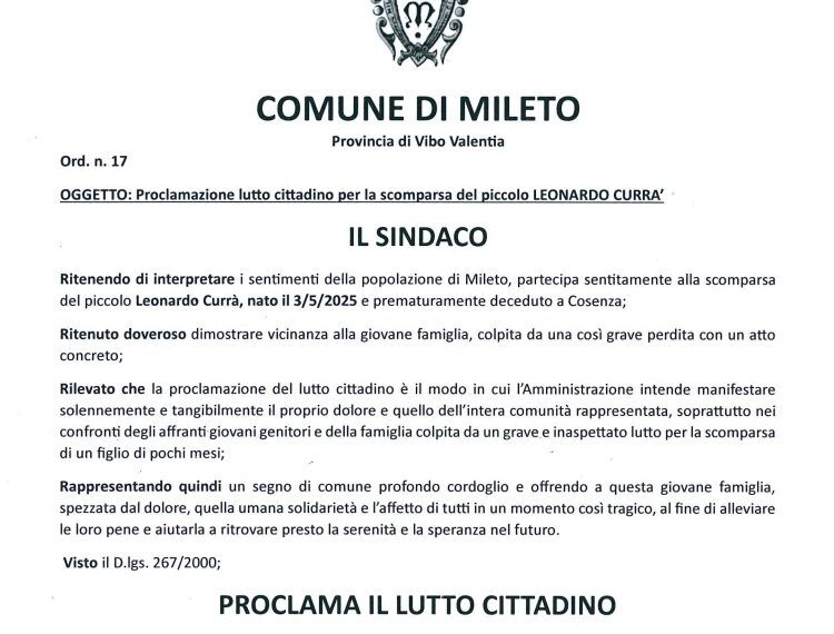 Mileto, oggi lutto cittadino in onore del piccolo Leonardo Currà, morto dopo soli 4 mesi di vita