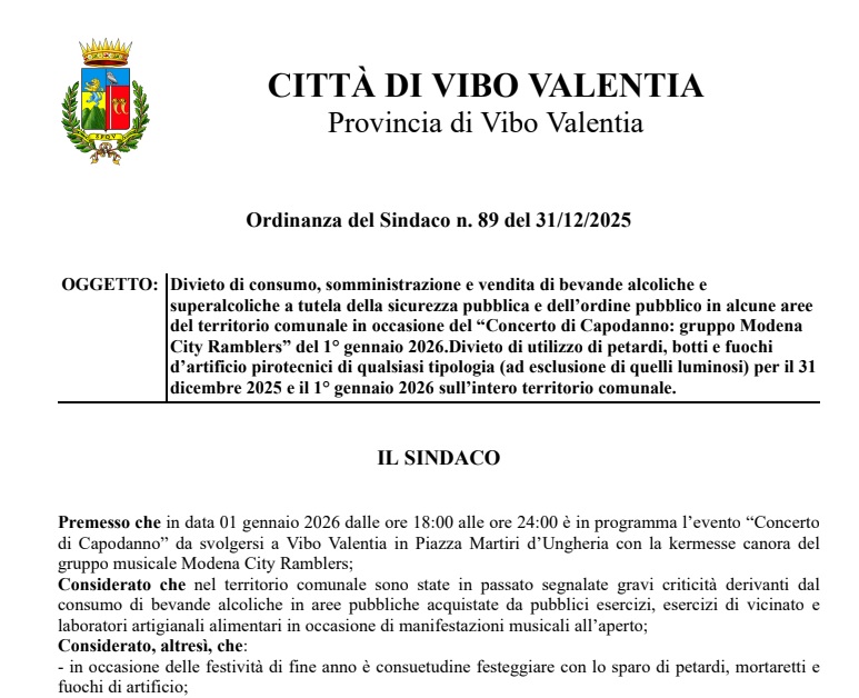 Vibo Valentia, no alcool e niente botti per il Concerto di Capodanno: ordinanza del sindaco Enzo Romeo 2 ordinanza capodanno