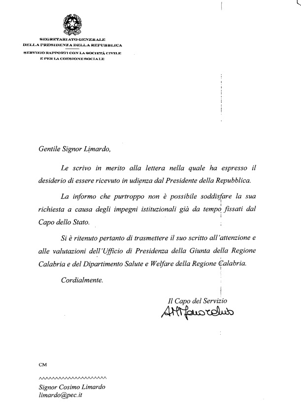 lettera segreteria mattarella