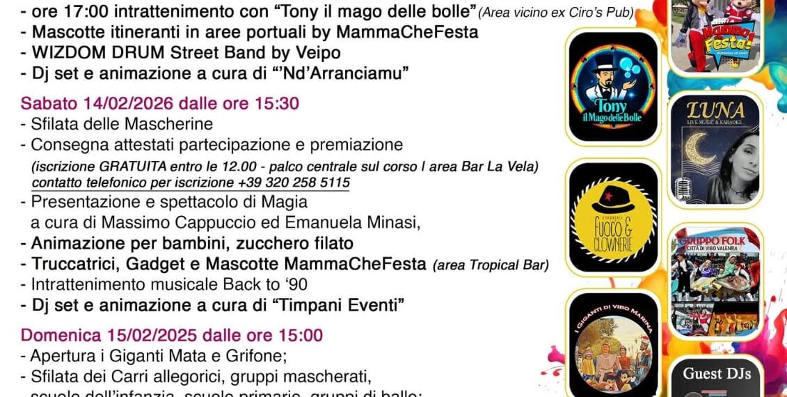 Il Carnevale a Vibo Marina parte in anticipo: primo appuntamento già domenica 8 febbraio