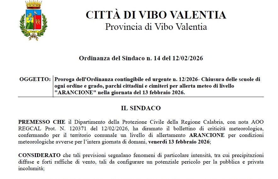 Allerta meteo confermato, scuole chiuse a Vibo Valentia anche domani