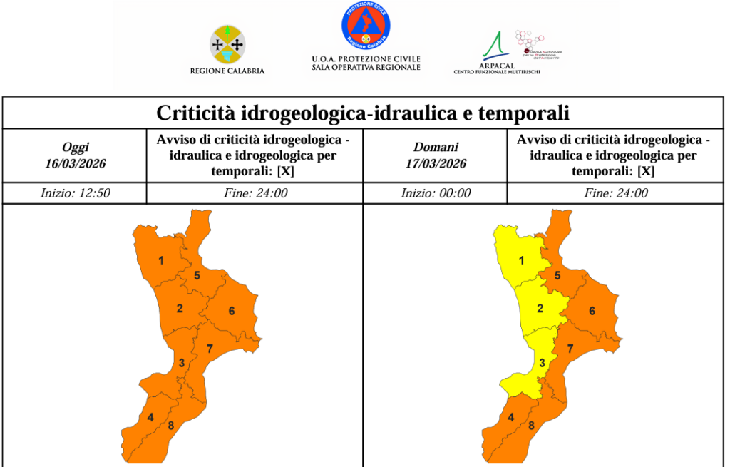 Maltempo in Calabria: piogge diffuse, temporali e venti forti. Attenuazione domani con allerta gialla 2 MAU 2026 03 16 131922