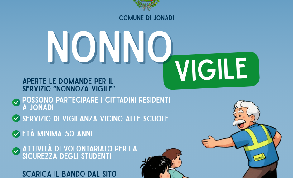 Jonadi, pubblicato l’avviso per il progetto “Nonno Vigile”: al via la selezione dei volontari