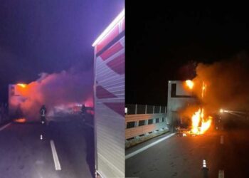 Incendio sull’autostrada di un camion, autista e un altro uomo salvati dai Baschi Verdi