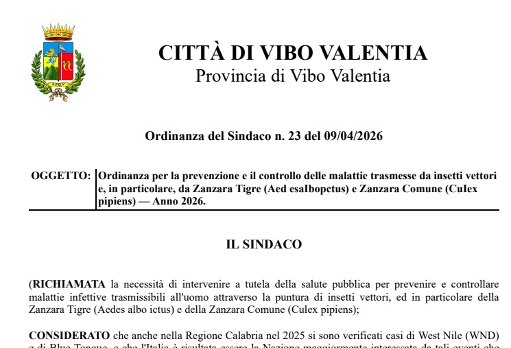 Vibo Valentia avvia la campagna 2026 di prevenzione contro la zanzara tigre e la zanzara comune 2 ordinanza zanzare