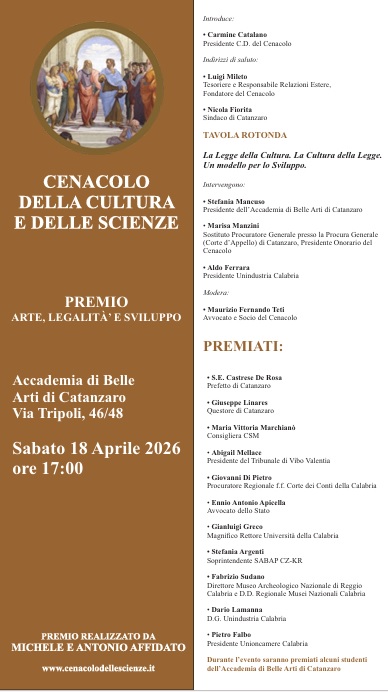 Premio “Arte, Legalità e Sviluppo”: istituzioni, cultura e società civile a confronto all’Accademia di Belle Arti 2 premio cenacolo catanzaro