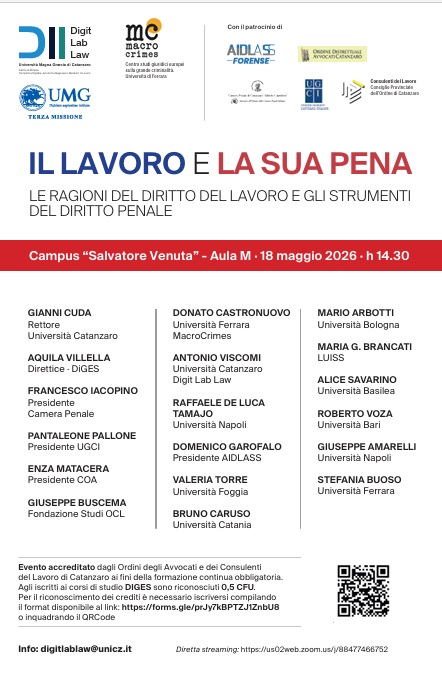 Il lavoro e la sua pena. Origini del Diritto del Lavoro e strumenti del Diritto Penale, se ne discute al Campus universitario 2 lavoro e pena