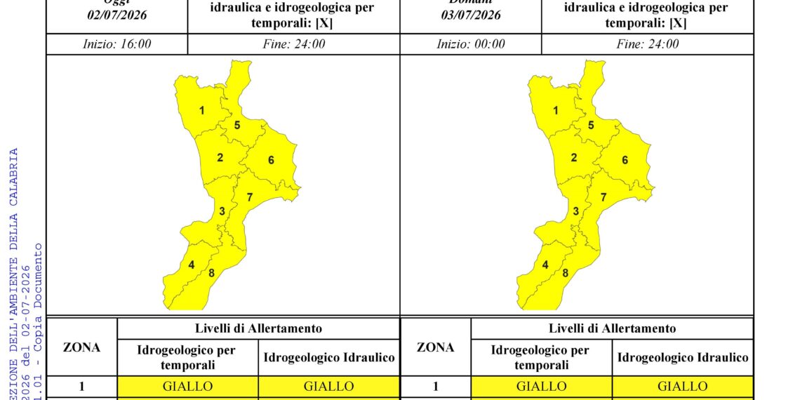Su tutta la Calabria per oggi è prevista l’allerta gialla
