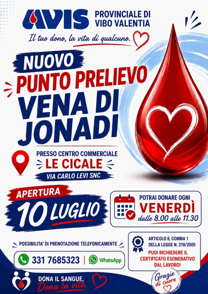 Avis Provinciale di Vibo Valentia: dal 10 luglio prende il via il nuovo Punto Prelievo Fisso 2 IMG 20260630 WA0000