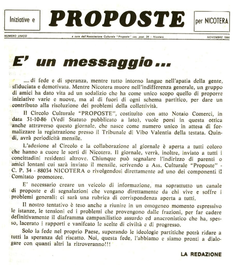 Editoriale numero unico Novembre 1986