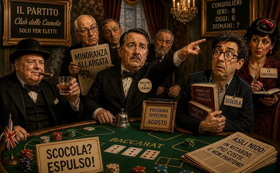Il tavolo di baccarat fa perdere la pazienza al croupier. Churchill sornione sorride. E Scocola? Espulso! 1 Il tavolo di baccarat fa perdere la pazienza al croupier. Churchill sornione sorride. E Scocola? Espulso!